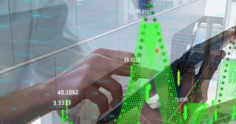 Image of data processing over businessman using tablet in office Foto stock