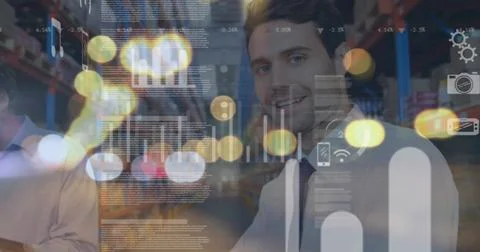 Image of data processing over businessman using tablet in warehouse shipping 스톡 사진
