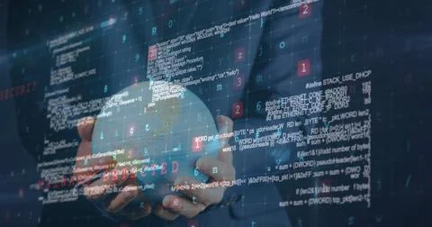 Image of data processing over businessman holding globe on blue background 스톡 사진