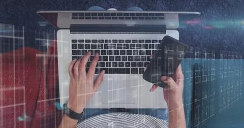 Image of data processing over businessman using tablet Foto stock