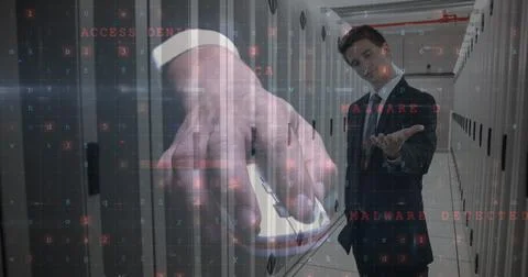 Image of data processing over businessman and computer servers Stockfoto's