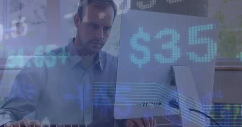 Image of data processing over businessman using laptop Stock Photos