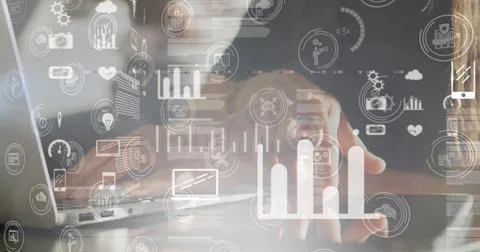 Image of data processing over businesswoman using laptop and tablet Foto stock