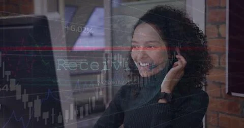 Image of data processing over businesswoman using phone headset Foto stock