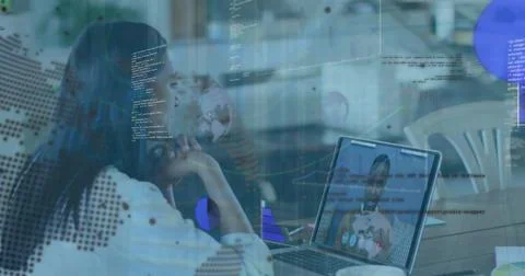Image of data processing over businesswoman having laptop image call with 写真素材