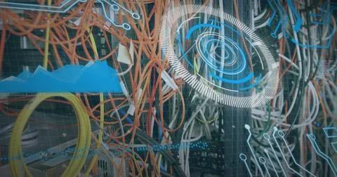 Image of data processing over cables of computer server 写真素材