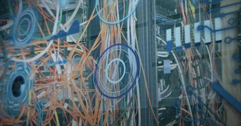 Image of data processing over cables of computer server 스톡 사진