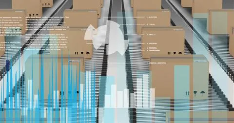 Image of data processing over cardboard boxes on conveyor belts Stockillustratie