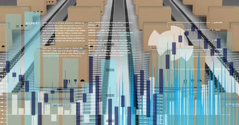 Image of data processing over cardboard boxes on conveyor belts Stock Illustration