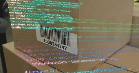 Image of data processing over cardboard boxes in warehouse Stock Illustration