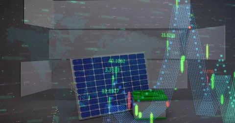 Image of data processing over cardboard boxes on conveyor belts in background Stock Photos