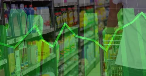 Image of data processing over caucasian man with trolley in shop Illustrazione stock