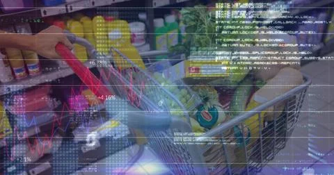 Image of data processing over caucasian man with trolley in shop Stock Illustration