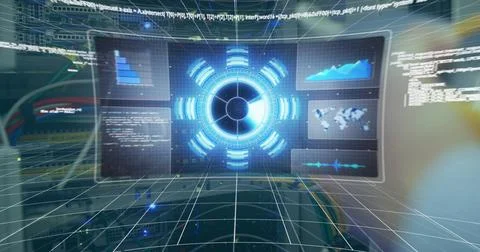 Image of data processing over caucasian woman inspecting server room Stock Illustration