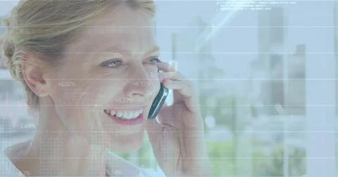 Image of data processing over caucasian woman using smartphone Stock Illustration