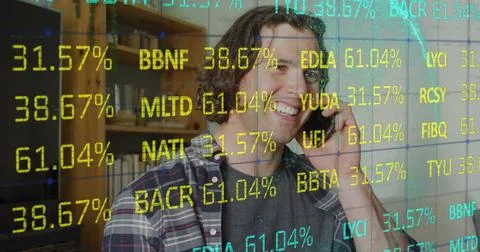 Image of data processing over caucasian man using smartphone Stock Illustration