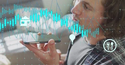 Image of data processing over caucasian man using smartphone Illustrazione stock