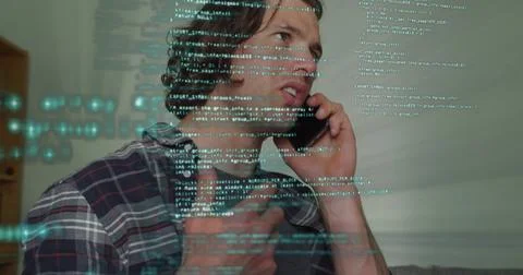Image of data processing over caucasian man using smartphone Illustrazione stock