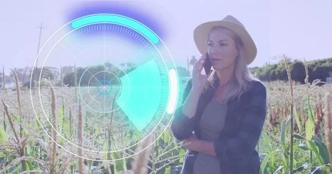 Image of data processing over caucasian woman using smartphone Illustrazione stock