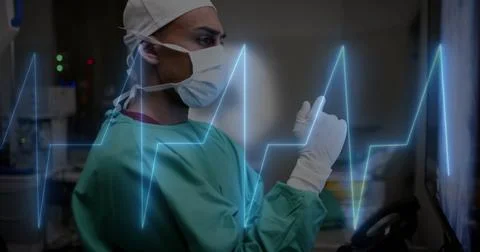 Image of data processing over caucasian male surgeon in hospital 스톡 일러스트