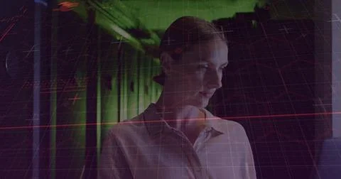 Image of data processing over caucasian female server room worker Stock Illustration