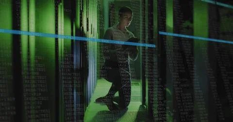 Image of data processing over caucasian female it engineer with tablet checking Stock Illustration