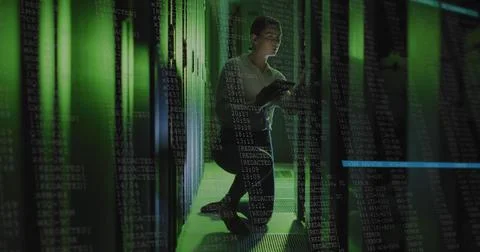 Image of data processing over caucasian female it engineer with tablet checking Stock Illustration