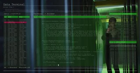 Image of data processing over caucasian female it engineer with tablet checking 库存插图