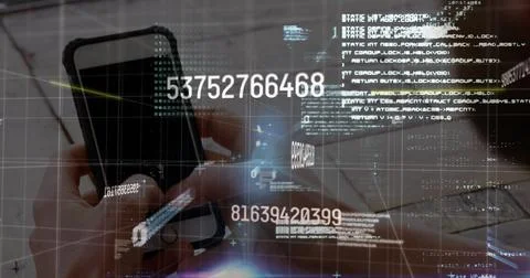 Image of data processing over caucasian man using smartphone Stock Illustration