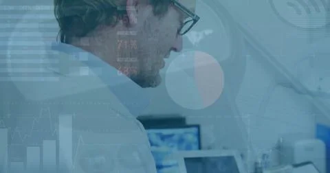 Image of data processing over caucasian male doctor discussing over reports at 스톡 일러스트