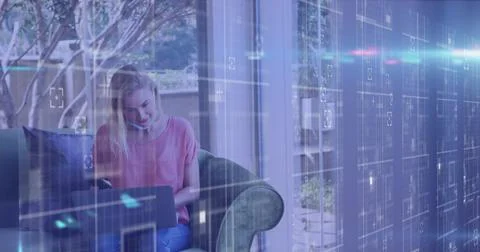 Image of data processing over caucasian woman with face mask using laptop Stock Illustration