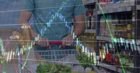 Image of data processing over caucasian man with trolley in shop Ilustración de archivo
