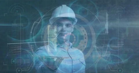 Image of data processing over caucasian male worker 库存插图