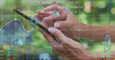 Image of data processing over caucasian woman using smartphone Stock Illustration