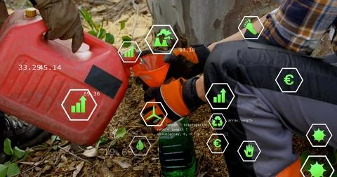 Image of data processing over caucasian worker with bottle of petrol Stock Illustration