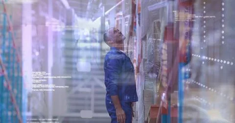 Image of data processing over caucasian worker in warehouse Stock Illustration