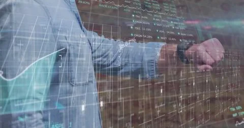 Image of data processing over caucasian businessman using smartwatch Illustrazione stock