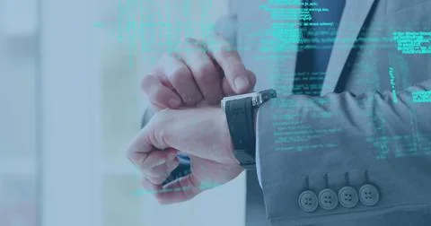Image of data processing over caucasian man using smartwatch Stock Illustration