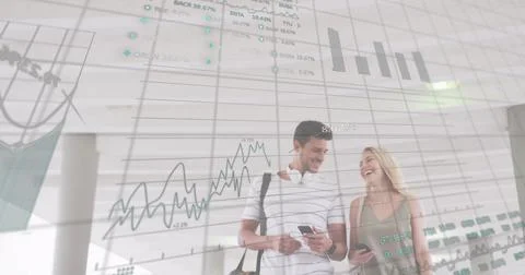 Image of data processing over caucasian couple walking Ilustração Stock