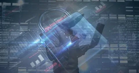 Image of data processing over caucasian male hacker using laptop Illustrazione stock