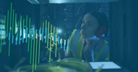 Image of data processing over caucasian female it engineer by computer servers Stock Photos