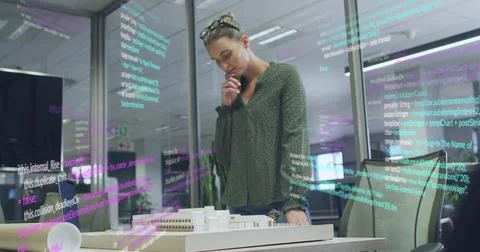 Image of data processing over caucasian businesswoman working at office Stock Photos