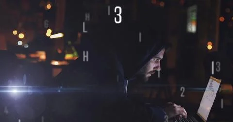 Image of data processing over caucasian hacker using computer 库存照片