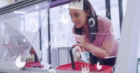Image of data processing over caucasian female customer shopping Foto stock