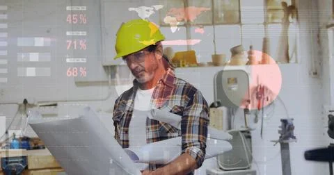 Image of data processing over caucasian male architect holding plans in studio Stock Photos