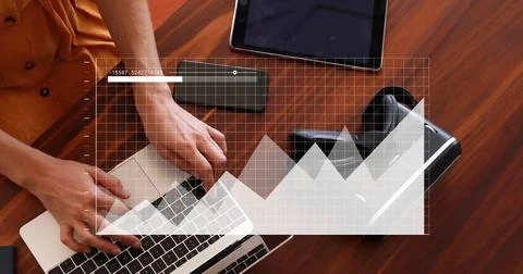 Image of data processing over caucasian man using laptop 写真素材