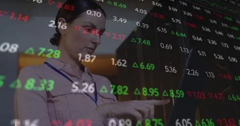 Image of data processing over caucasian female it engineer with laptop checking 스톡 사진