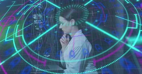 Image of data processing over caucasian female it engineer with laptop checking Stock Photos