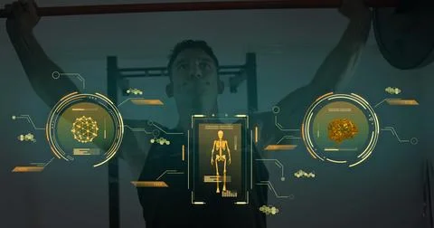 Image of data processing over caucasian man exercising in gym Stock Photos