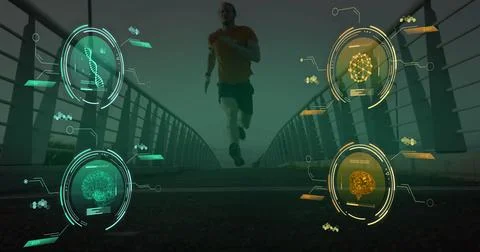 Image of data processing over caucasian man running Stock Photos